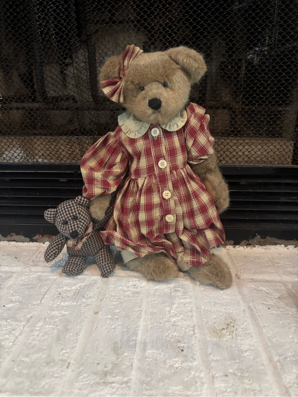 Boyds Bears Plush Girl Bear in Red Plaid Dress with Mini Fabric Companion